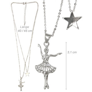 DV-Kette mit Anhänger „Ballerina mit Stern“, 2-reihig, Edelstahl mit Strass